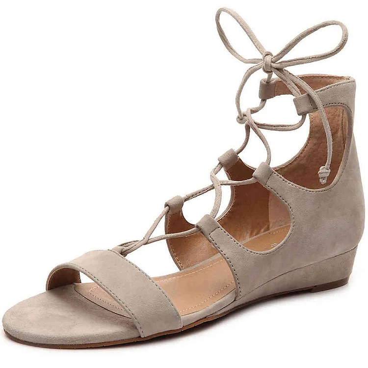 Khaki Vegan Suede Gladiator Sandals Open Toe Lace Up Wedge Heels |FSJ Shoes