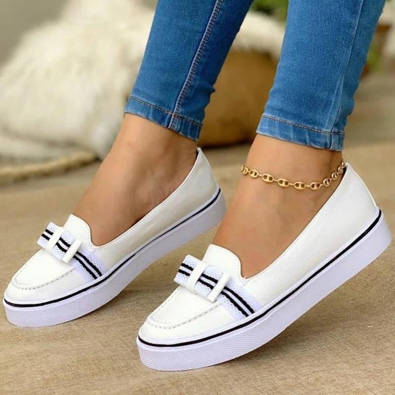 Women's Solid Color PU Ribbon Decoration Round Toe Flat Heel Platform Comfortable Fashion Casual All-match Loafers 6K066