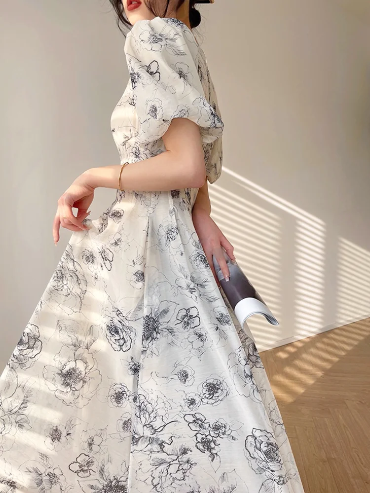 Woherb Lady Elegant Floral Midi Dress Formal One Piece Dress Korean ...