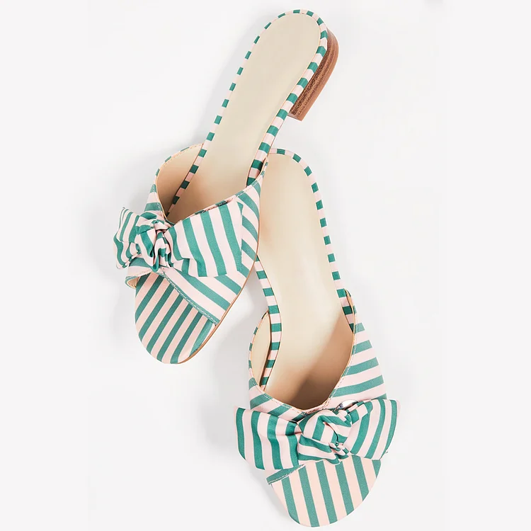 Green Stripe Bow Womens Slide Sandalsfsjshoes 7844