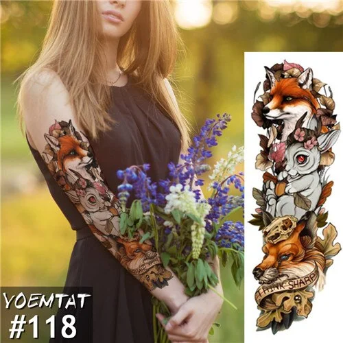 Temporary Tattoo Sticker Fox Rabbit Full Flower Tattoo with Arm Body Art Big Large Fake Tattoo Sticker