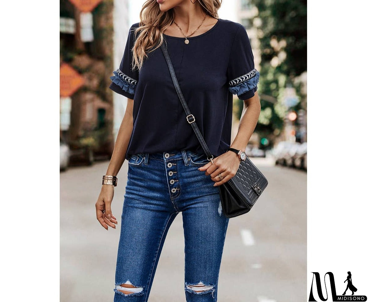 MidiSono - Solid Round Neck Loose Fit Frill Trim Tee