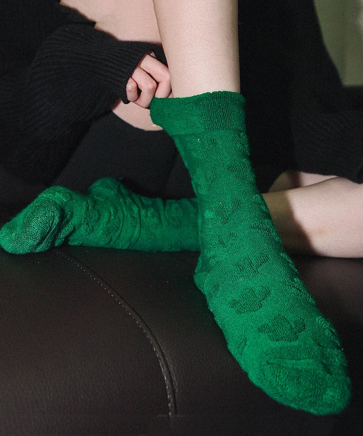 Autumn And Winter Green Cactus Jacquard Thick Warm Mid Calf Tidal Socks