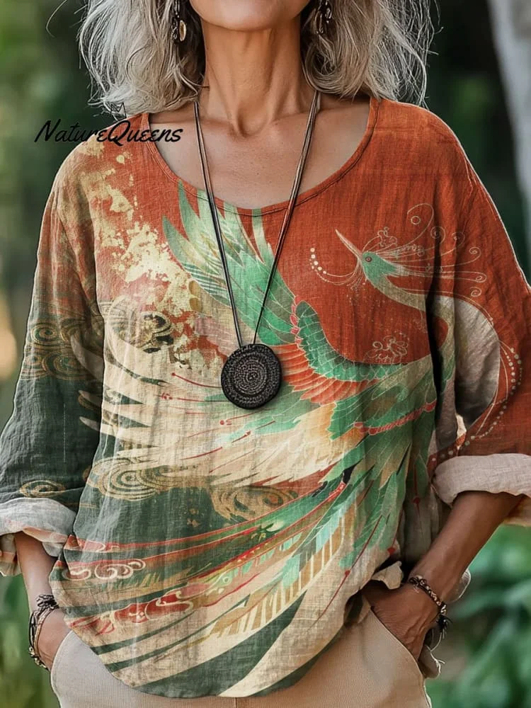 Women's Vintage Phoenix Art Print Casual Cotton And Linen Shirt