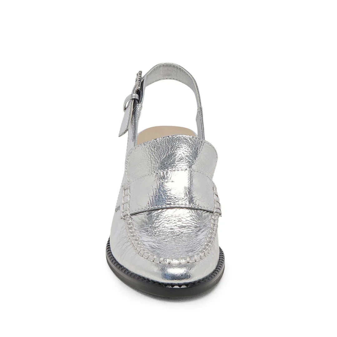 Silver Vegan Leather Metallic Touch Buckle Fastening Slingback Loafers