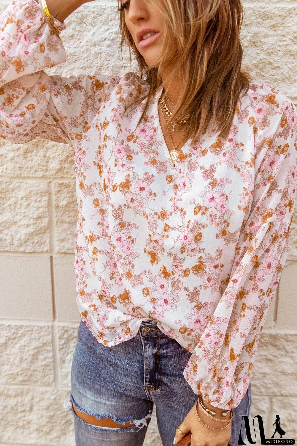 MidiSono - Floral Print Long Sleeve Top