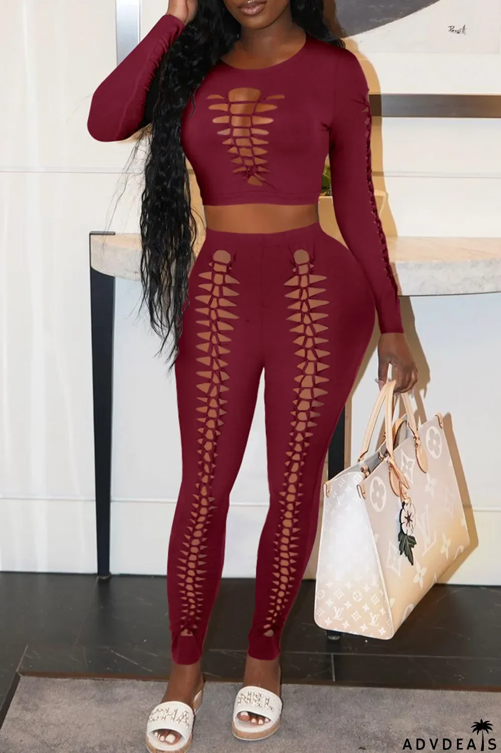 Color Blue Sexy Solid Ripped O Neck Long Sleeve Two Pieces