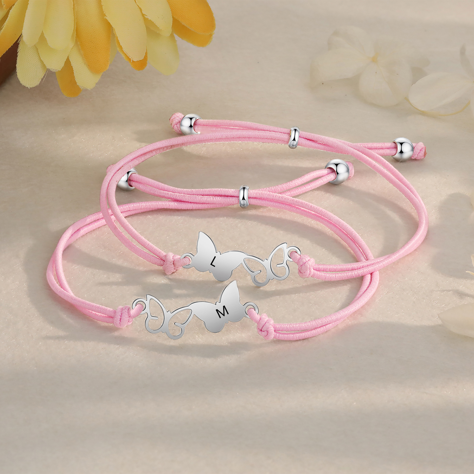2 Pack Personalized Butterfly Elastic Cord Bracelet with Card and Gift Box, Customized 2 Letters, Gift for Daughter