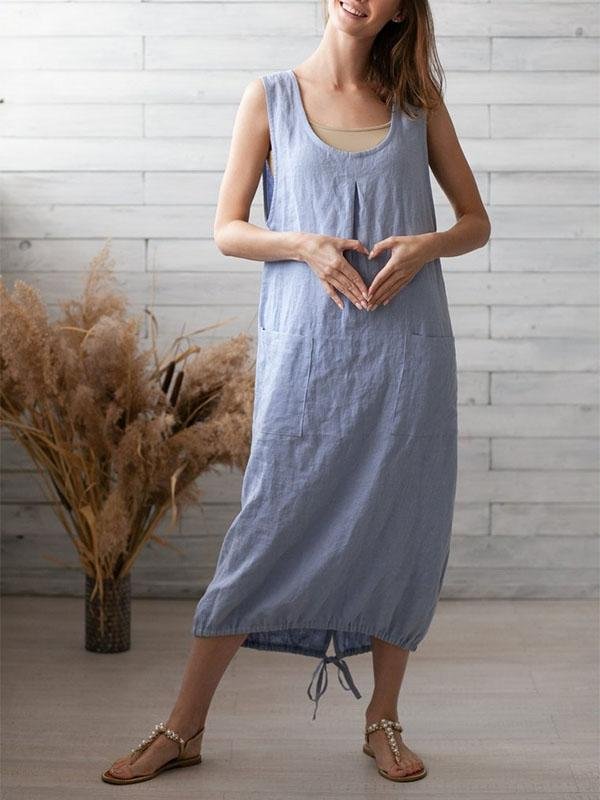 Women's Pocket Solid Color Drawstring Sleeveless Cotton Linen Dress-Mayoulove