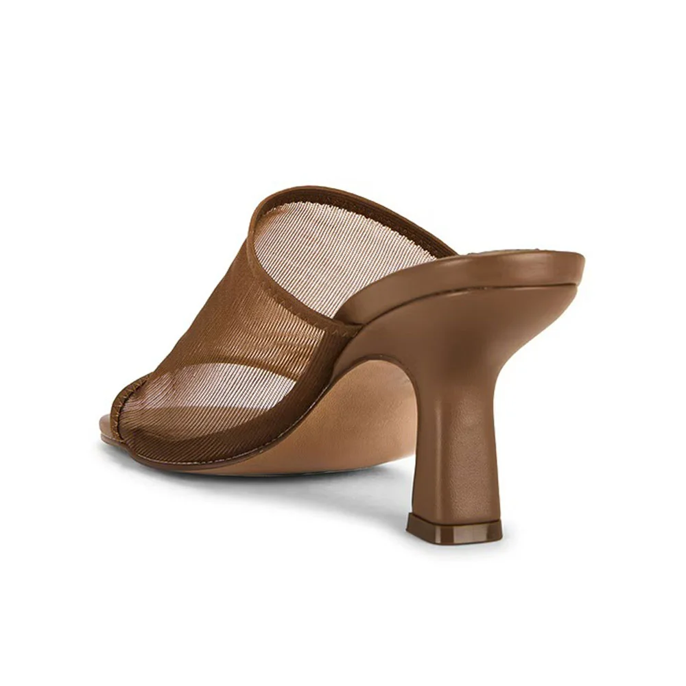 Brown Mesh Square Toe 3 Inch Heels Slip On Sandals for Women
