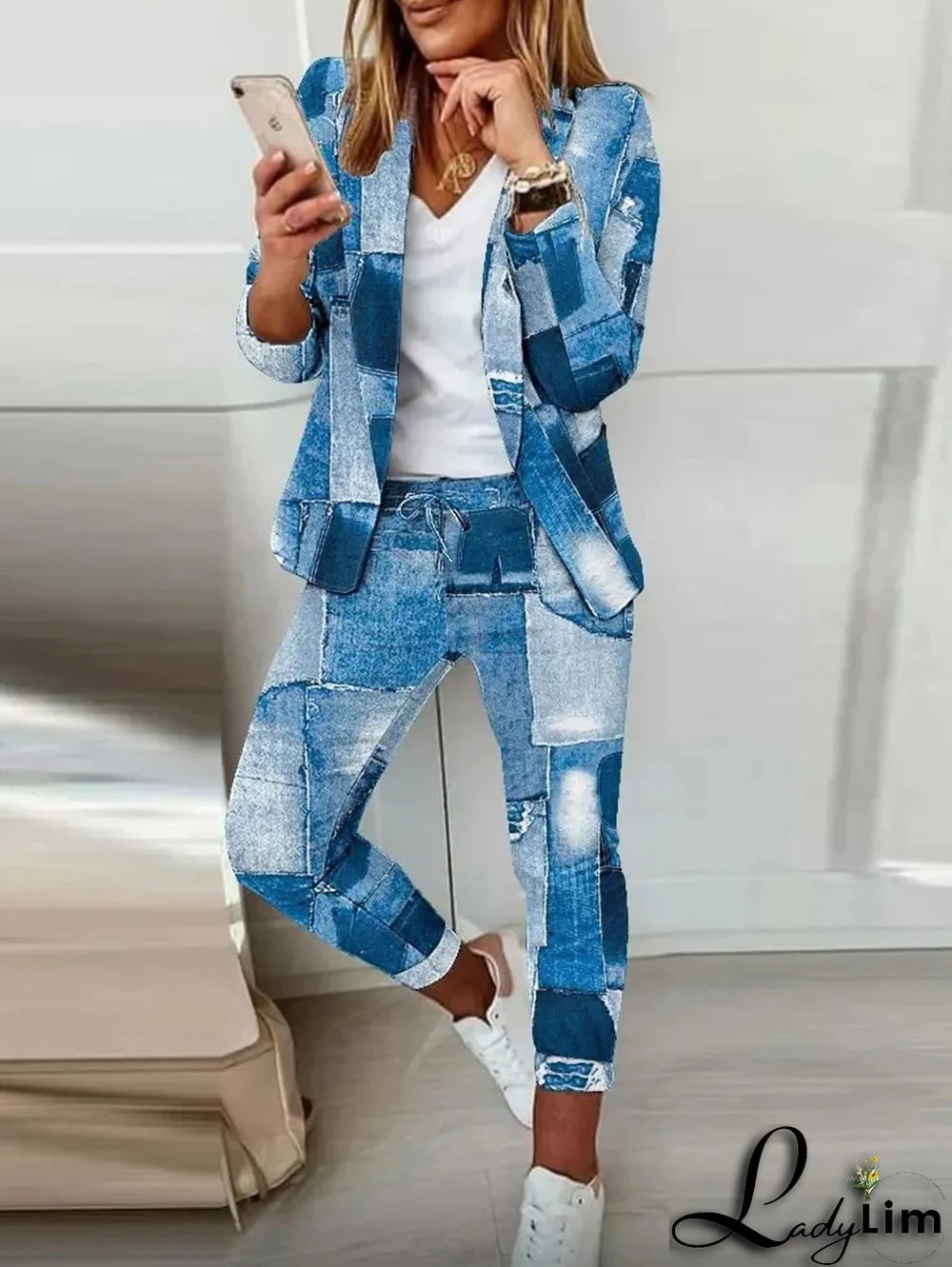 Casual Colorblock Allover Pattern Blazer & Pants 2 Pcs Set