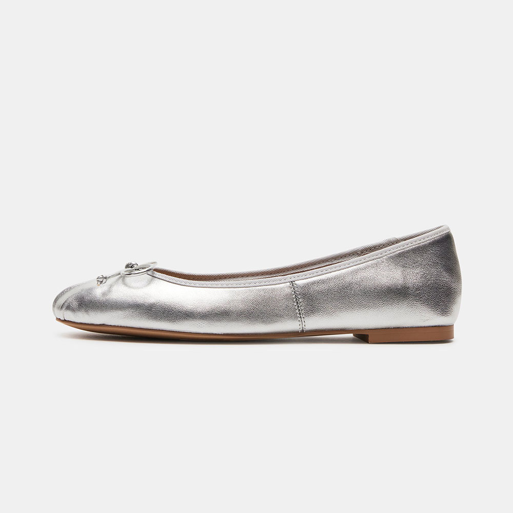 Metallic Silver Bow Embellished Ruched Square-Toe Ballet Flats