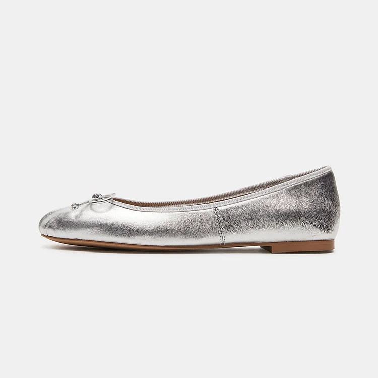 Stylish Silver Metallic Bow Embellished Square-Toe Ballet Flats |FSJ Shoes