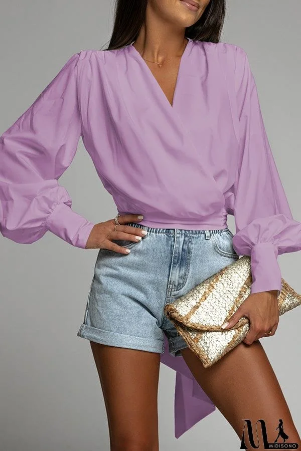 MidiSono - Surplice Puff Sleeve Wrap Blouse