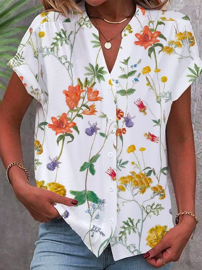 Fresh Plant Print Short Sleeve Top