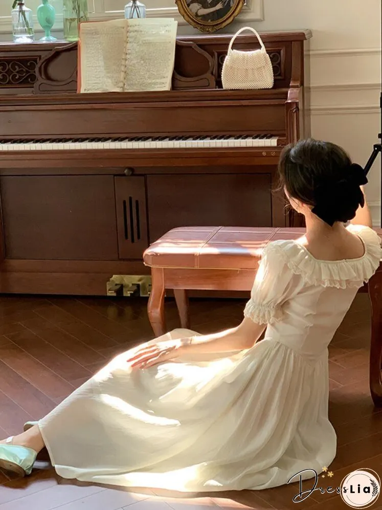 Joskka Rose Flower Elegant Vintage Dress Women Ruffles Lace Fairy Sweet Long Dress Female Bubble Sleeve Princess Designer Dress