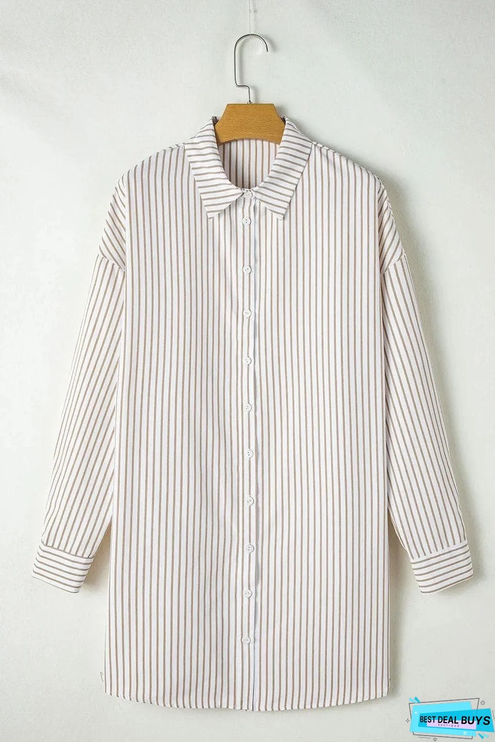 Khaki Stripe Long Sleeve Button Up Mini Shirt Dress