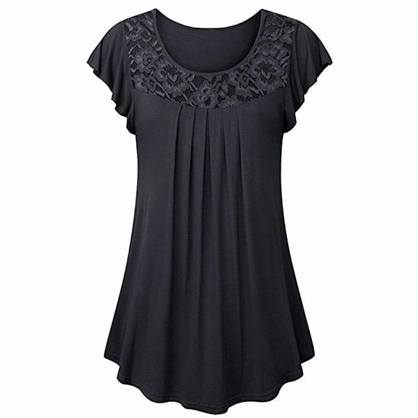 Plus Size Fashion Tops Summer Clothes Women's Casual Short Sleeve Shirts Loose Lace Stitching Blouses Ladies O-neck Solid Color Pleated Cotton T-shirts XS-8XL - Shop Trendy Women's Fashion | TeeYours