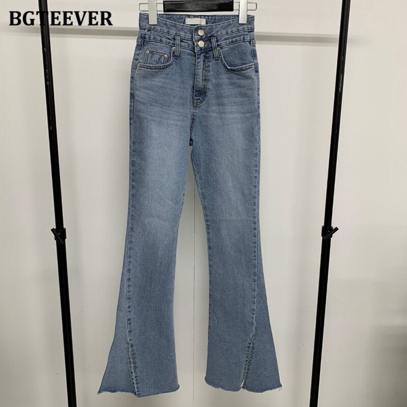 BGTEEVER New Spring Split Female Flare Jeans Pants Stylish Chic High Waist Slim Women Denim Trousers Casual Ladies Skinny Jeans