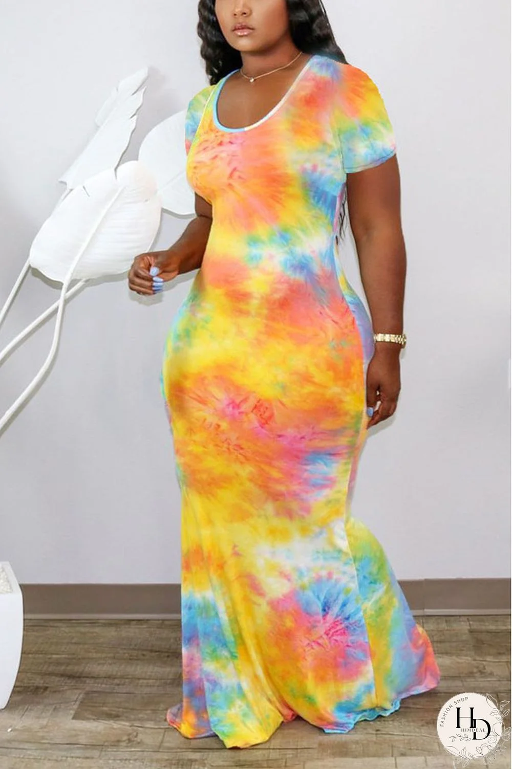 Orange Polyester OL Sleeve Short Sleeves V Neck Swagger Floor-Length Print Dresses