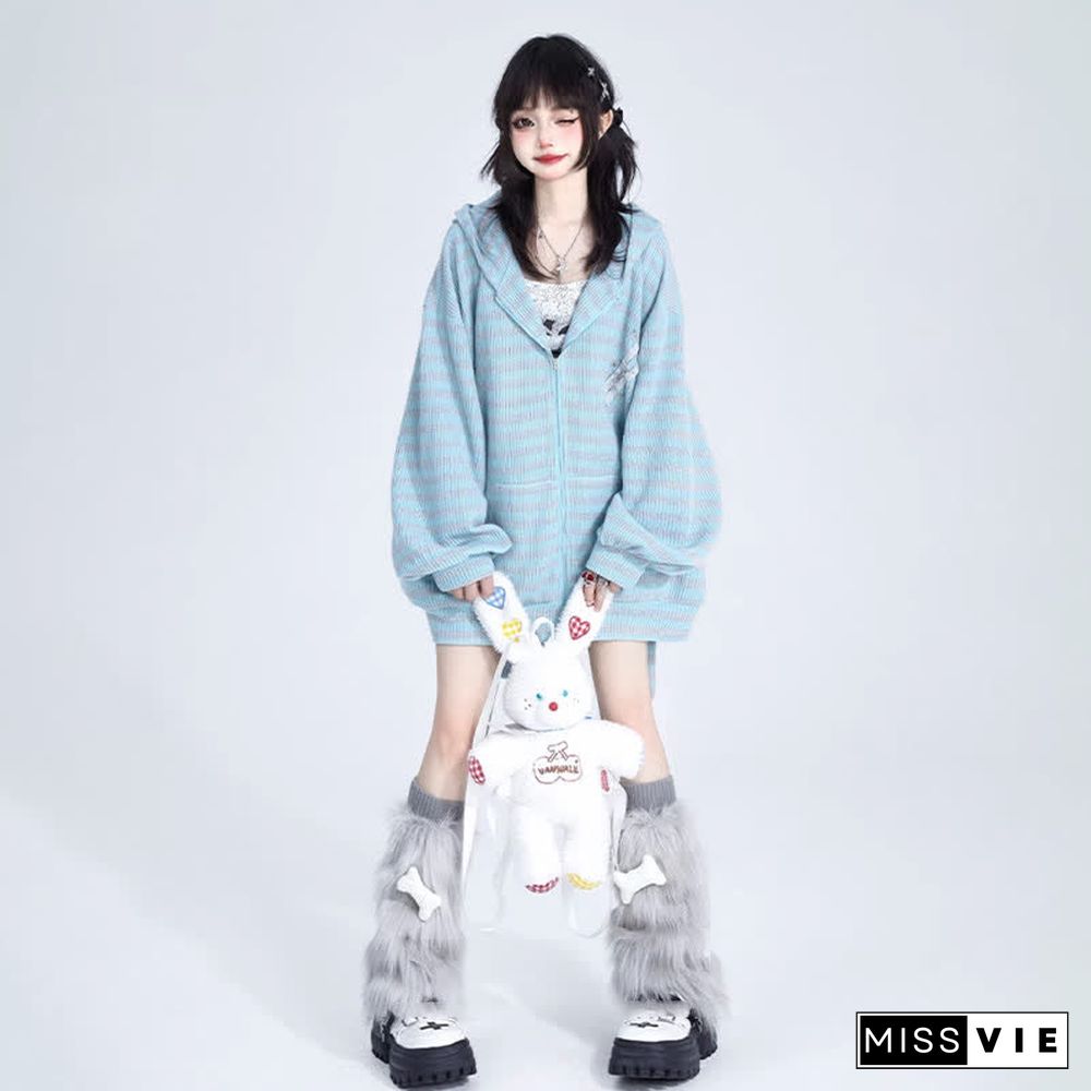 Long Bunny Ears Pocket Oversize Zipper Hooded Sweatshirt