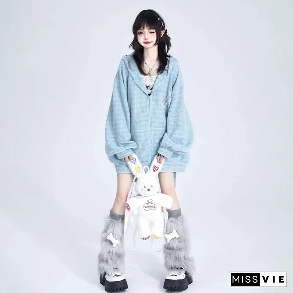 Long Bunny Ears Pocket Oversize Zipper Hooded Sweatshirt