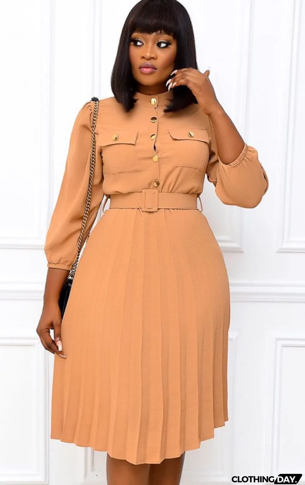 Autumn Professional Khaki Pleated Office Dress with Belt