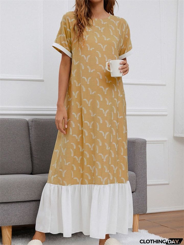 Round Neck Printed Contrast Color Long Dresses