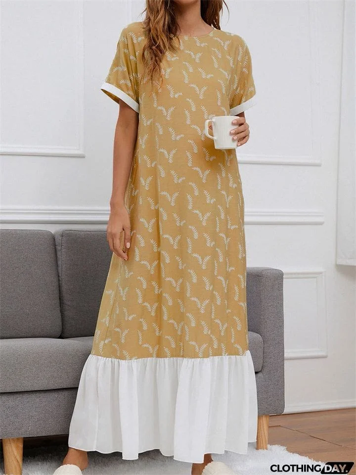 Round Neck Printed Contrast Color Long Dresses