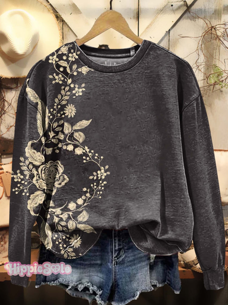 Vintage Floral Print Casual Sweatshirt Black / S