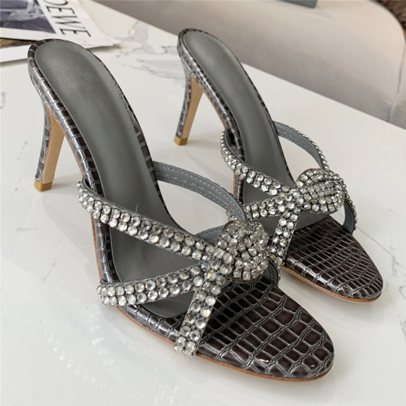 VCSHOES Braided Crystal Narrow Band Runway Sandals Women Thin High Heels Open Toe Real Leather Rhinestone Party Shoes