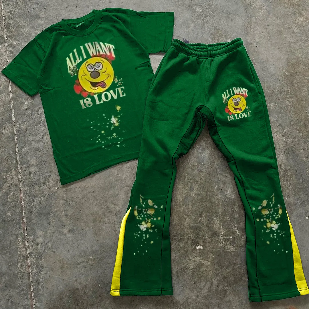 Funny Expression Print T-Shirt Trousers Two-Piece Set