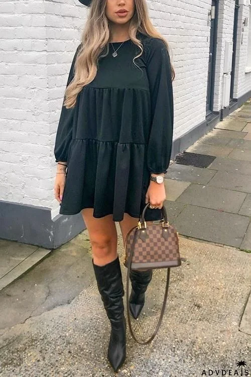 O Neck Long Sleeve A Line Mini Dress