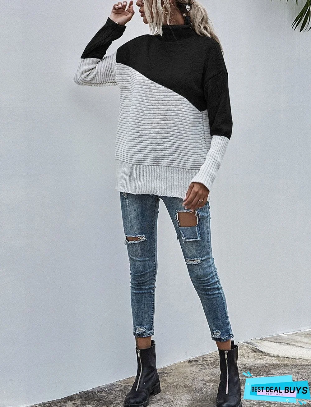 Color-Blocking Sweater Women's Autumn and Winter New Contrast Color Pullover Sweater
