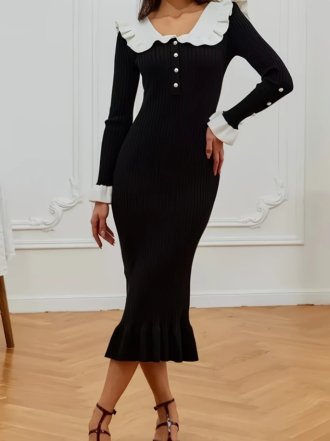 Nigikala Nigikala And Winter French Body-Repair Temperament Color Lotus Leaf-Side Sweater Dress Elegant Retro Knitted Dress