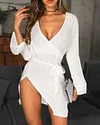 Surplice Front High Slit Belted Dress White Dresses