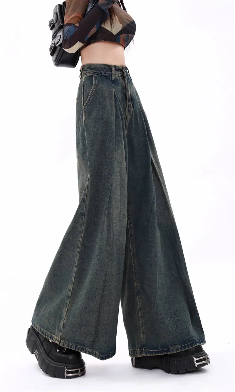 Nncharge Women Casual Baggy Y2K Wide Leg Grunge Streetwear Blue Denim Trouser American Retro High Waist Oversized Jeans Loose Pants