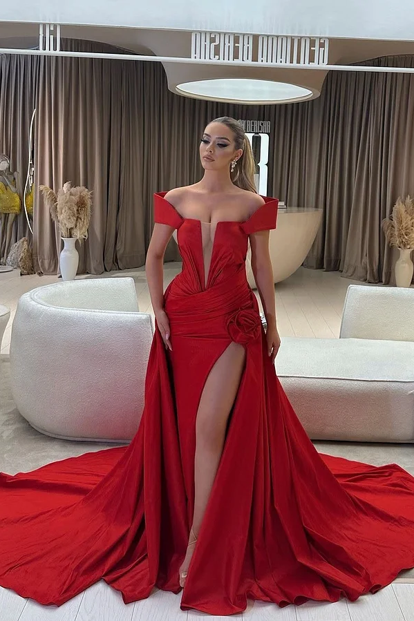 Daisda Red Off-Shoulders Deep V-Neck Handmade Flower Mermaid Prom Dress