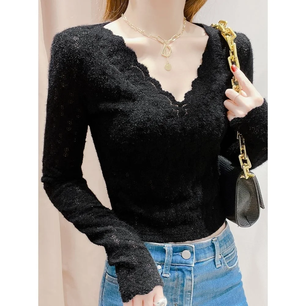 Jangj Color V-neck Embroidery Lace Long Sleeve T-shirts Skinny Spring Autumn Women's Clothing Fashion Casual Female Tops 2022