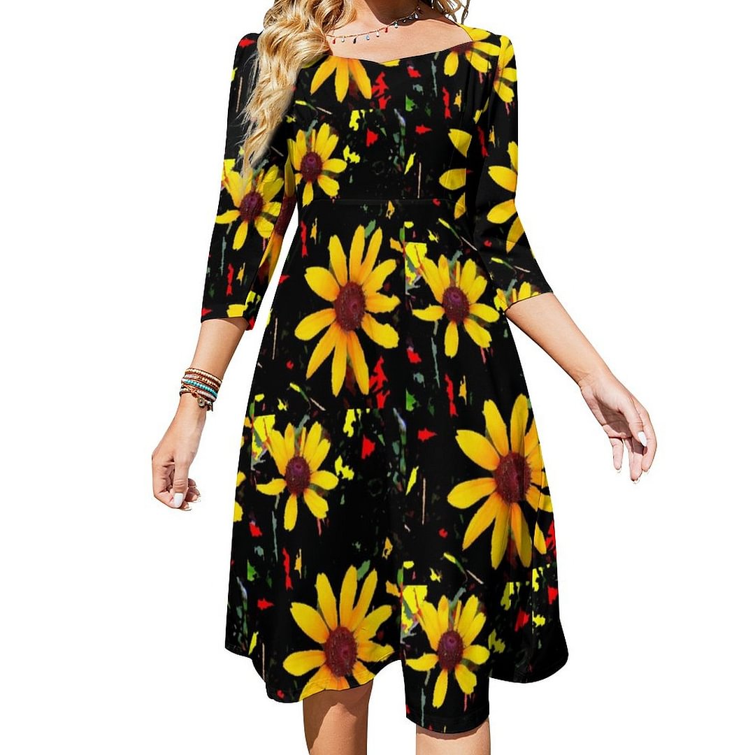 Summer Fun Yellow Flower On Black Dress Sweetheart Tie Back Flared 3/4 Sleeve Midi Dresses