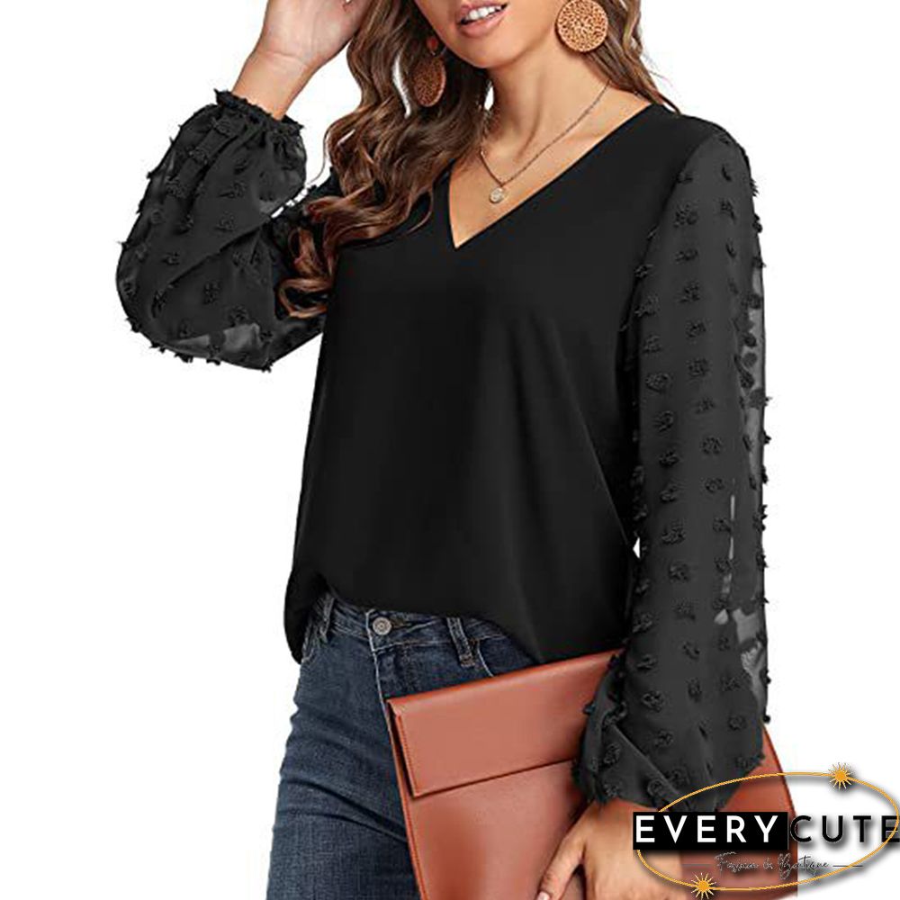 Black V Neck Splicing Swiss Dot Long Sleeve Blouse