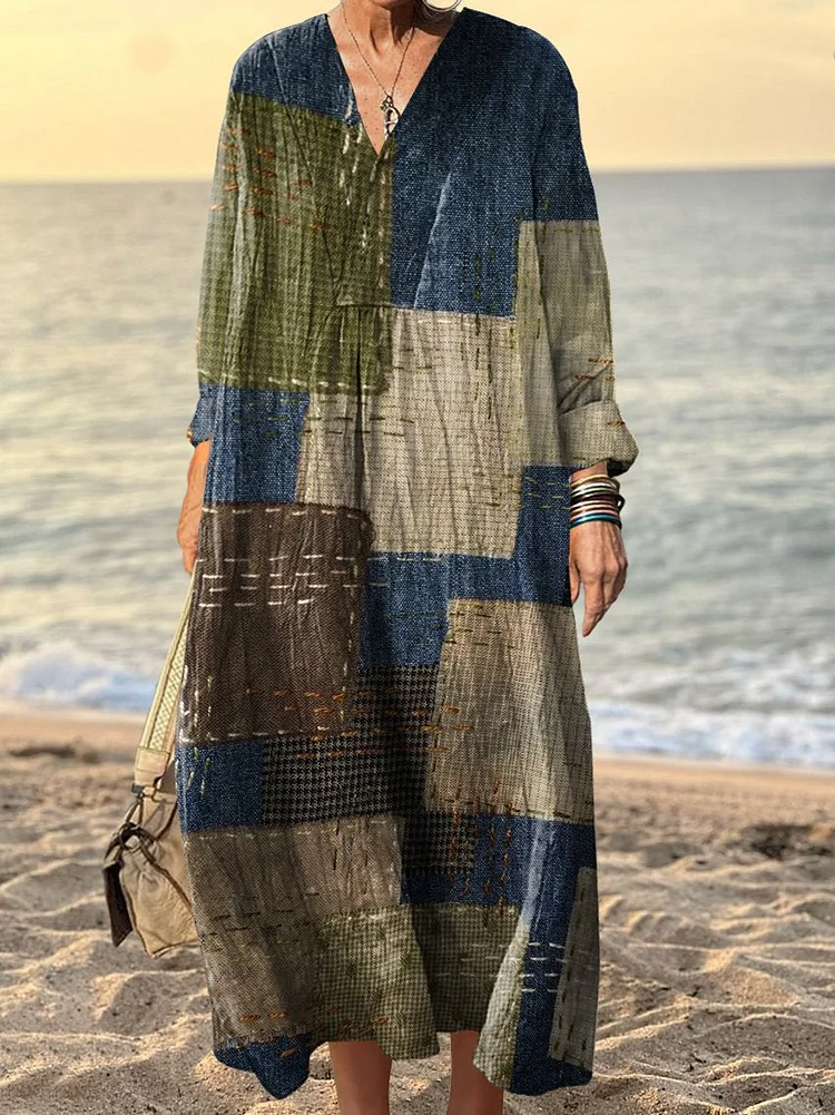Women's Retro Patchwork Art Print Dress