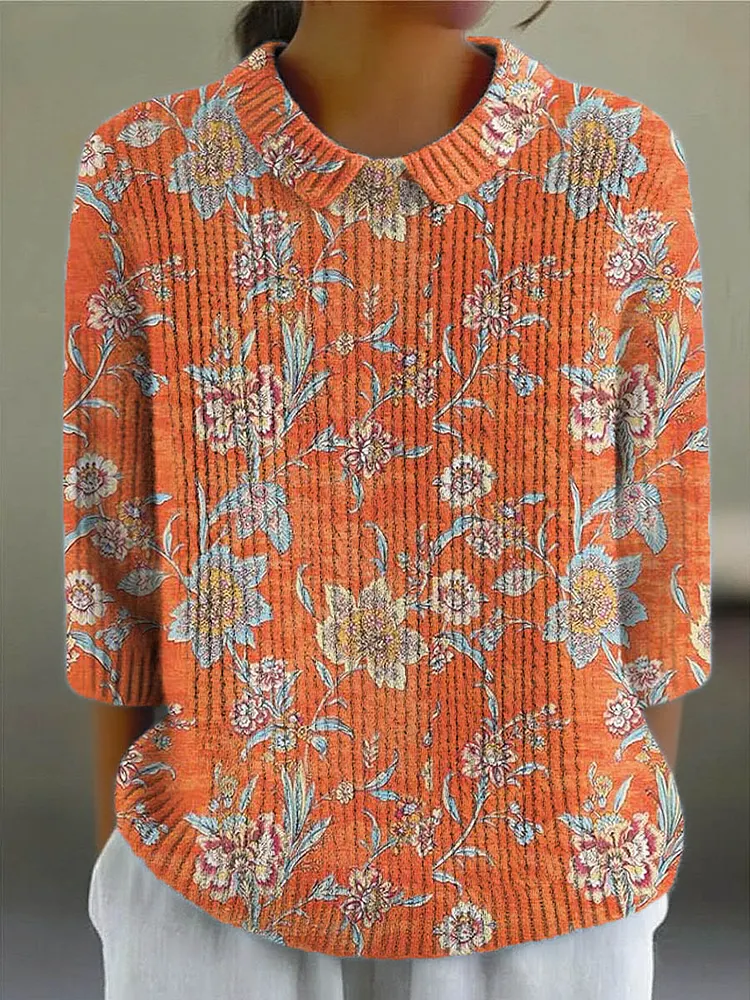 Women's Vintage Floral Art Print Casual Pullover Sweater