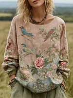Women's Bohemian Floral And Bird Pattern Linen Crew Neck T-shirt