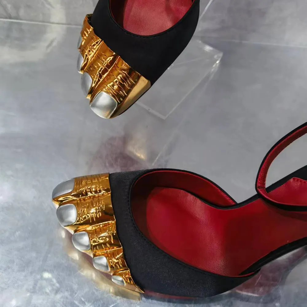 100mm Women's High Heel Metallic Finger Designed Toe Ankle Strap Stiletto Heels Red Bottom Sandals-vocosishoes