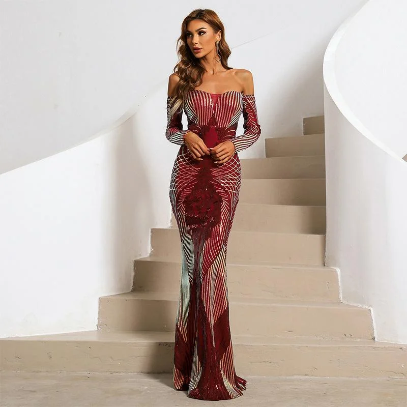 Off-the-shoulder banquet sequin evening dress-zachics