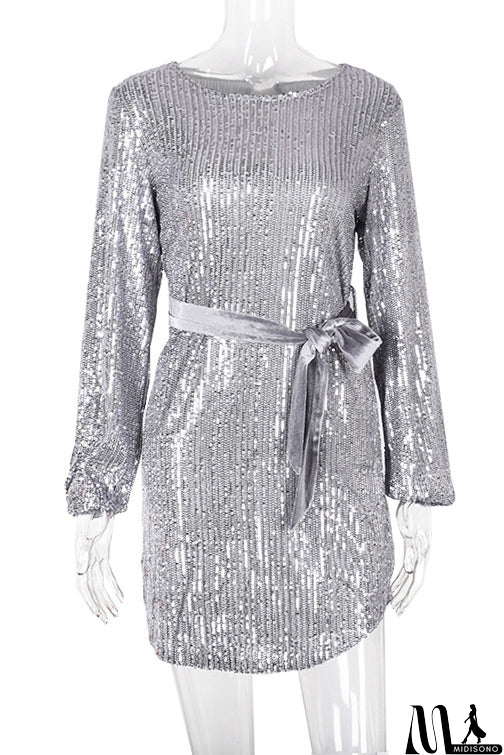 MidiSono - Long Sleeve Boat Neck Sequined Party Mini Dress