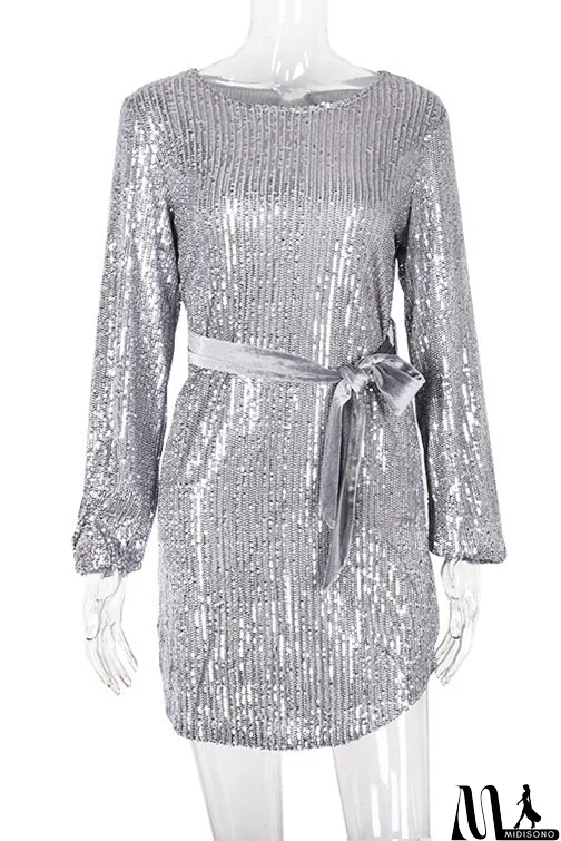 MidiSono - Long Sleeve Boat Neck Sequined Party Mini Dress