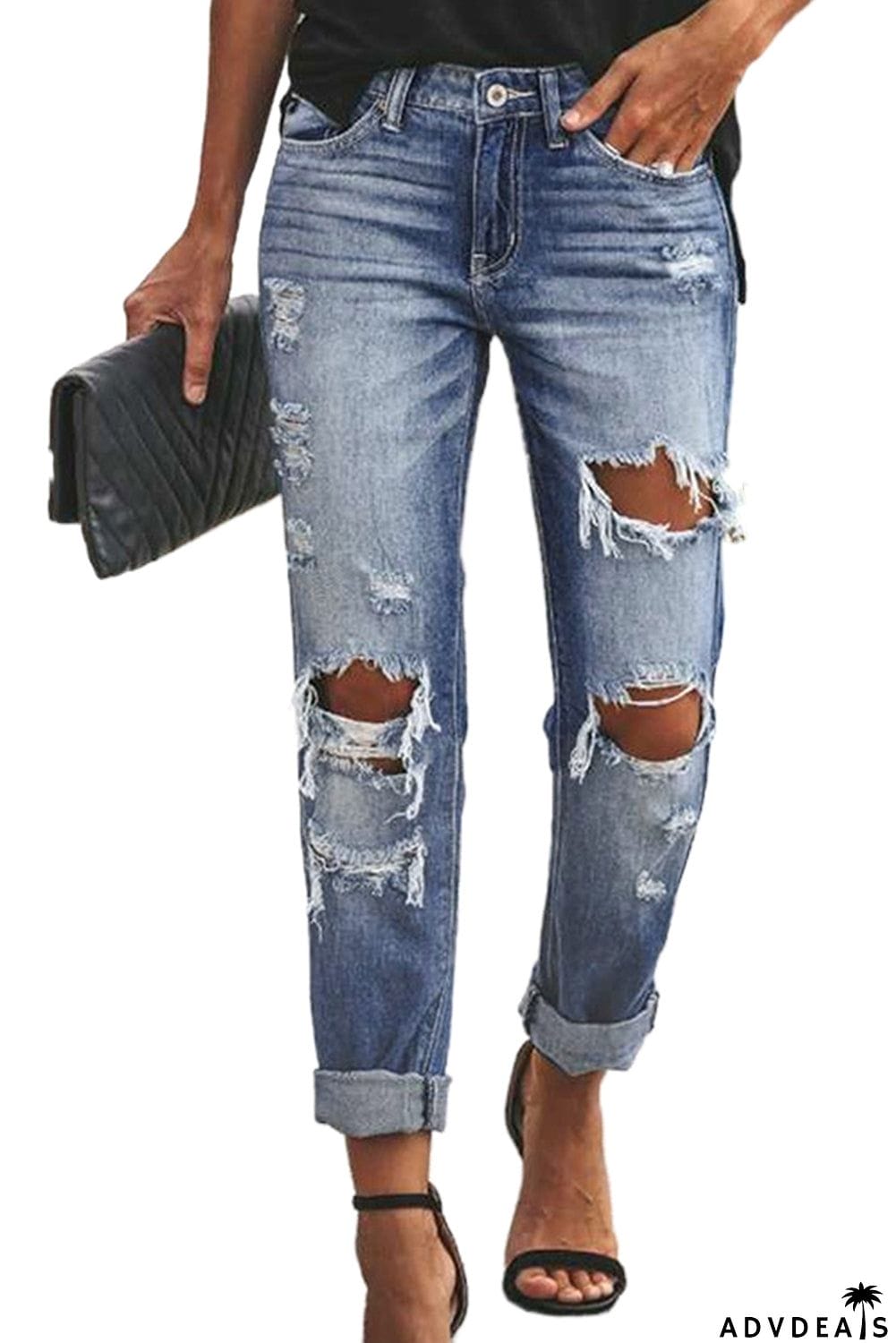 Mid Waist Straight Leg Distressed Wash Jeans