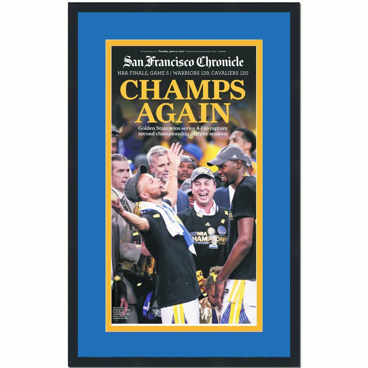 Framed San Francisco Chronicle Champs Again Warriors 2017 Newspaper 17x27 Photo Poster painting